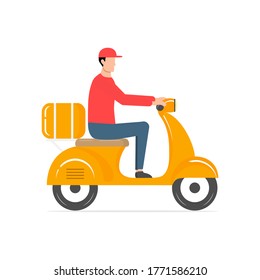 Un lindo hombre montando una moto. Ilustración vectorial de entrega rápida de alimentos aislada en blanco. Courier con uniforme rojo entrega el paquete en moto. Servicio de caricaturas.