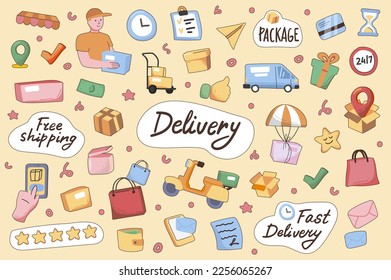 Delivery cute stickers set in flat cartoon design. Collection of courier, truck, motorcycle, package, parcel, bag, order, free shipping and other. Vector illustration for planner or organizer template