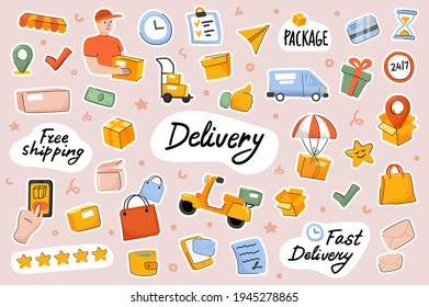 Delivery cute stickers template set. Bundle of fast delivery, free shipping, courier service, online ordering and tracking of parcel. Scrapbooking elements. Vector illustration in flat cartoon design