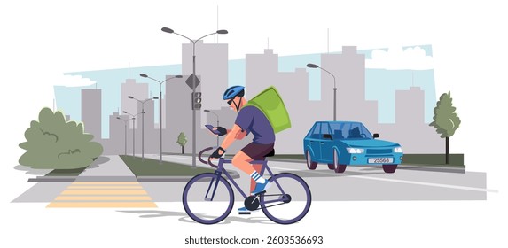 A delivery cyclist with a green backpack rides through a bustling city street, passing by a blue car and traffic lights.
