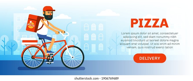 Delivery cyclist. Pizza delivery man on bike - advertising flyer template. Vector illustration.