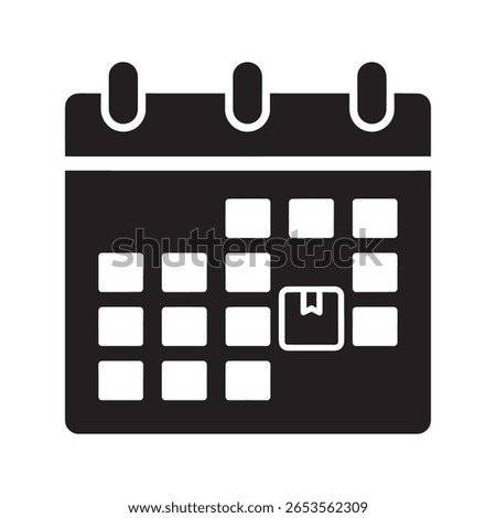 Delivery date calendar icon for scheduling package shipment and logistics planning event reminder for online shopping order with a specific deadline vector solid glyph icon