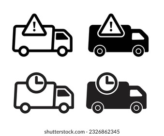 Delivery delay icon set. Shipping order delivery delay truck sign.