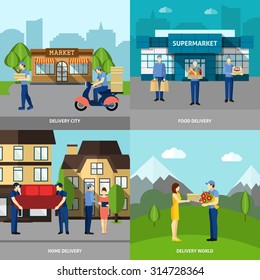 Delivery design concept set with city and world shipping flat icons isolated vector illustration