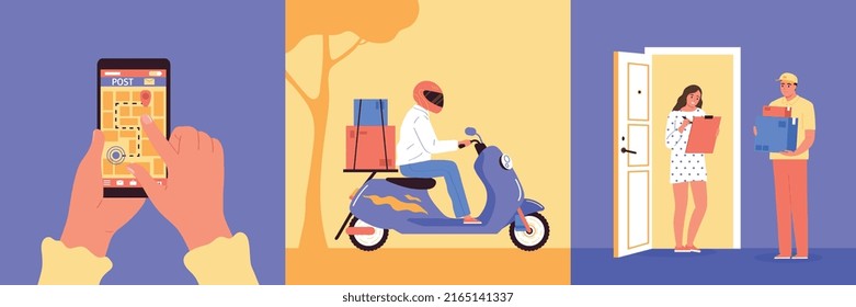 Delivery design concept set courier takes the parcel to recipient searches delivery route on navigator on smartphone customer receives his order vector illustration