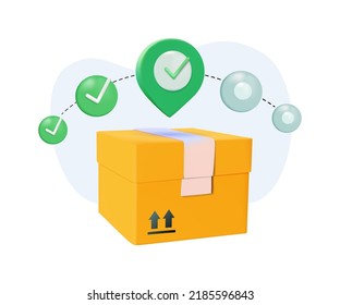 Destino de entrega. Caja de cartón, paquete. de envío. Transportación, entrega, envío del vector de representación de iconos 3D. Logística de entrega internacional. Entrega rápida, orden de seguimiento. Respuesta rápida