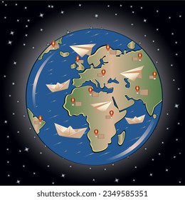 delivery to different destinations around the world, earth planet,worldwide shipping,worldwide shipping by various means of transport,boat trip, cruise ship, flight by plane, paper airplane,paper boat