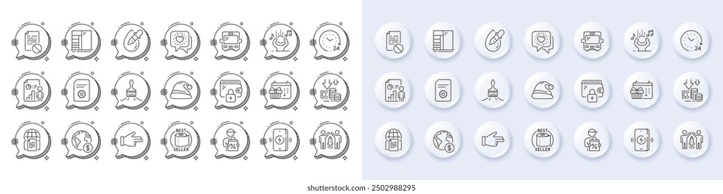 Delivery discount, Bus and Cupboard line icons. White pin 3d buttons, chat bubbles icons. Pack of Wireless charging, Business report, Brush icon. Vector