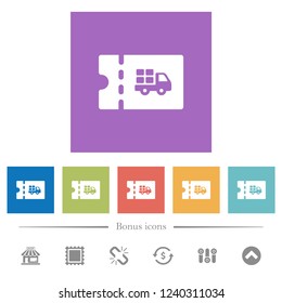 Delivery discount coupon flat white icons in square backgrounds. 6 bonus icons included.