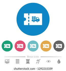 Delivery discount coupon flat white icons on round color backgrounds. 6 bonus icons included.