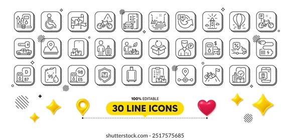 Delivery discount, Lighthouse and Petrol canister line icons pack. 3d design elements. Air balloon, Battery, Delivery report web icon. Online storage, Bumper cars, Station pictogram. Vector