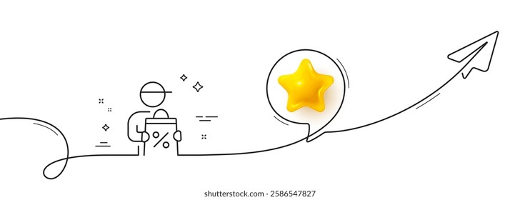 Delivery discount line icon. Continuous line with share plane. Sale offer sign. Courier promotion symbol. 3d star in speech bubble. Delivery discount single line ribbon. Loop curve pattern. Vector