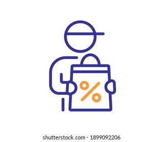 Delivery discount line icon. Sale offer sign. Courier promotion symbol. Quality design element. Line style delivery discount icon. Editable stroke. Vector