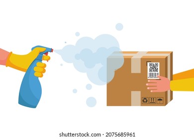 Desinfección del parto. Diseño plano de ilustración vectorial. Más limpio en la mano. Concepto de prevención. Envase en las manos del mensajero. Desinfección y limpieza. 