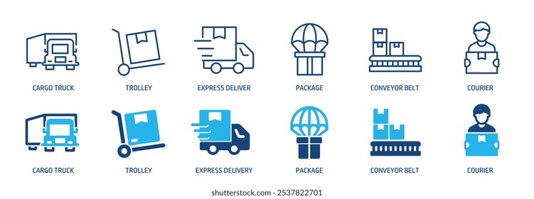 Delivery, distrubuting, warehouse, shipment line and glyph solid icons collection. Minimal icon and symbol series vector illustration