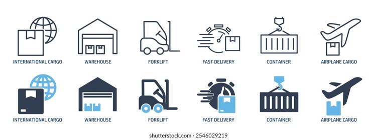 Delivery, distrubuting, warehouse, shipment line and glyph solid icons collection. Minimal icon and symbol series vector illustration
