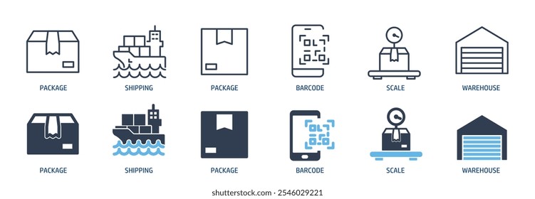 Delivery, distrubuting, warehouse, shipment line and glyph solid icons collection. Minimal icon and symbol series vector illustration