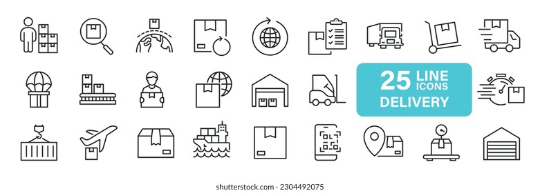 Delivery, distrubuting, warehouse, shipment thin line icons. For website marketing design, logo, app, template, ui, etc. Vector illustration.