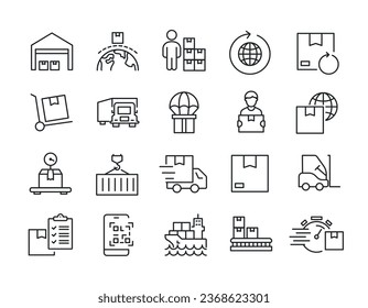 Delivery, distrubuting, warehouse, shipment thin line icons. For website marketing design, logo, app, template, ui, etc. Vector illustration.
