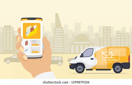 Delivery Document Services With Apps Tracking Smartphone And Truck With City Sillhouette Background