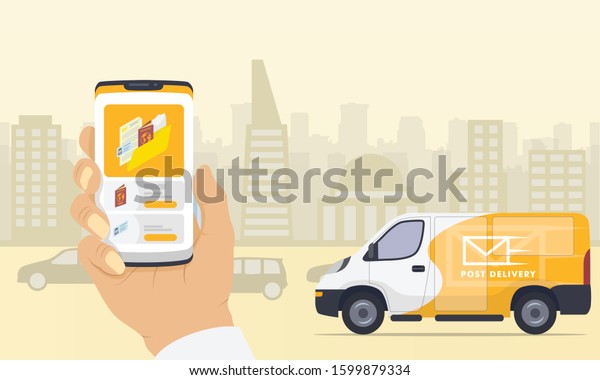delivery document services with\
apps tracking smartphone and truck with city sillhouette\
background
