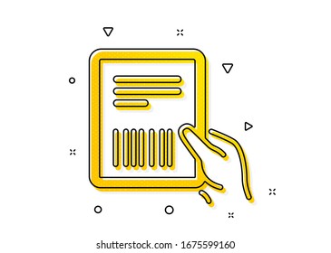 Signo del documento de entrega. Icono de factura de paquete. Símbolo de envío de paquetes. Patrón de círculos amarillos. Icono de factura de paquete clásico. Elementos geométricos. Vector