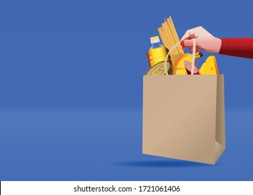 Delivery of donated food home by service volunteers. Hand holds a craft bag with food: butter, banana, canned food, pasta, sausage and cheese on a blue background. Help quarantine coronavirus. Vector