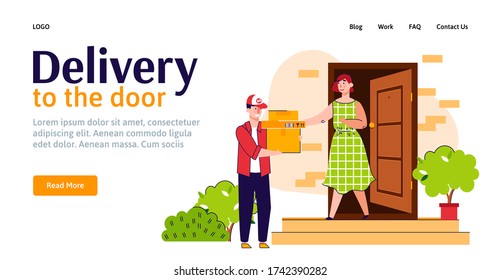 Entrega a la pancarta de la puerta con ilustraciones de vector planas de mensajero y cliente.