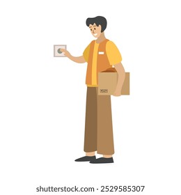 Delivery door bell. Bell house. Delivery worker. Courier delivery service. Fast delivery package. Postman. Post delivered. Warehouse distribution.