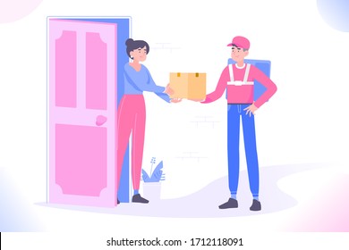 Delivery To Door Concept. Delivery Guy Delivering Package To Destination And Giving Package To The Woman At The Door, Online Food Delivery Concept, Door To Door Delivery, Vector Illustration