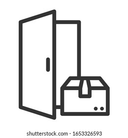 Delivery to the door line vector icon isolated on white background. Parcel box near the open door. Shipping and home delivery outline illustration for web, mobile app and user interface design