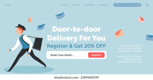 Entrega de puerta a puerta, descanso y obtener cupón o reducción de precio. Servicio de envío para clientes de tiendas y tiendas. Plantillas de páginas de aterrizaje del sitio web, sitio en línea. Vector en estilos planos