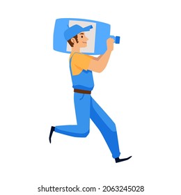 Delivery of drinking clean water. A man carry a bottle or jug of water sideview. Cartoon vector illustration of water for office cooler delivery worker.