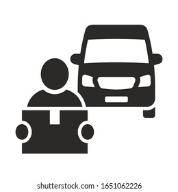 Delivery driver with box in hands. Parcel delivery icon. Vector icon isolated on white background.