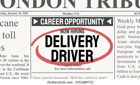 Delivery driver career. Recruitment offer - job ad. Newspaper classified ad career opportunity.