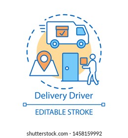 Delivery driver concept icon. Service worker idea thin line illustration. Express shipment, distribution. Delivery vehicle, truck. Cargo shipping. Vector isolated outline drawing. Editable stroke