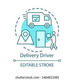 Delivery driver concept icon. Service worker idea thin line illustration. Express shipment, distribution. Delivery vehicle, truck. Cargo shipping. Vector isolated outline drawing. Editable stroke