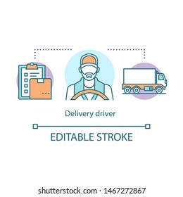 Delivery Driver Concept Icon. Service Worker Idea Thin Line Illustration. Express Shipment, Distribution. Delivery Vehicle, Truck. Cargo Shipping. Vector Isolated Outline Drawing. Editable Stroke