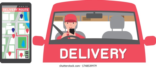 delivery. Driver confirming delivery route