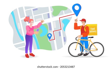 Delivery driver cycling on the map. Fast Delivery service design concept for mobile app. Online Delivery Service flat design banner illustration concept for digital marketing. Internet e-commerce.