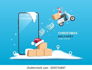 Delivery Driver Dragging Shopping Carts Floating Upwards With A Smartphone, Parcel Box, Santa Hat, Placed On The Snow Below For Delivery And Online Shopping Christmas Concept Design,vector 3d 