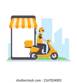 The delivery driver drives through a mobile phone with a map screen. online food delivery concept
