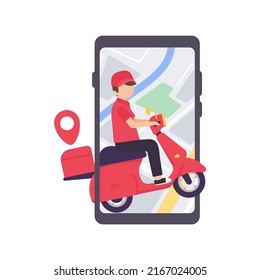 The delivery driver drives through a mobile phone with a map screen. online food delivery concept
