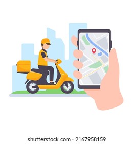The delivery driver drives through a mobile phone with a map screen. online food delivery concept