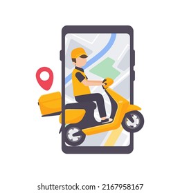 The delivery driver drives through a mobile phone with a map screen. online food delivery concept