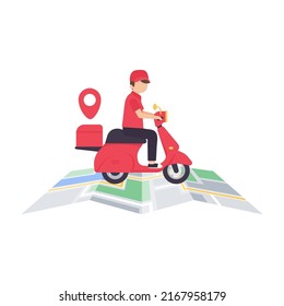 Der Zustelltreiber fährt durch ein Mobiltelefon mit einem Kartenbildschirm. Online-Lebensmittellieferungskonzept