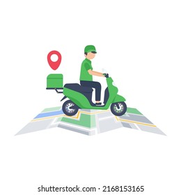 The delivery driver drives through a mobile phone with a map screen. online food delivery concept