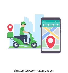 The delivery driver drives through a mobile phone with a map screen. online food delivery concept