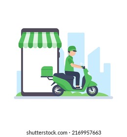 The delivery driver drives through a mobile phone with a map screen. online food delivery concept