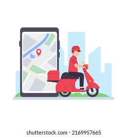 The delivery driver drives through a mobile phone with a map screen. online food delivery concept